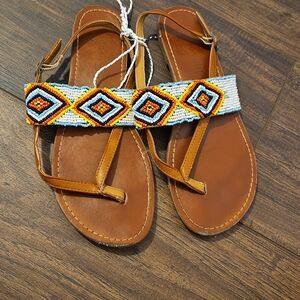 Madden Girl Brown Leather Sandals with Multicolor Beaded Band